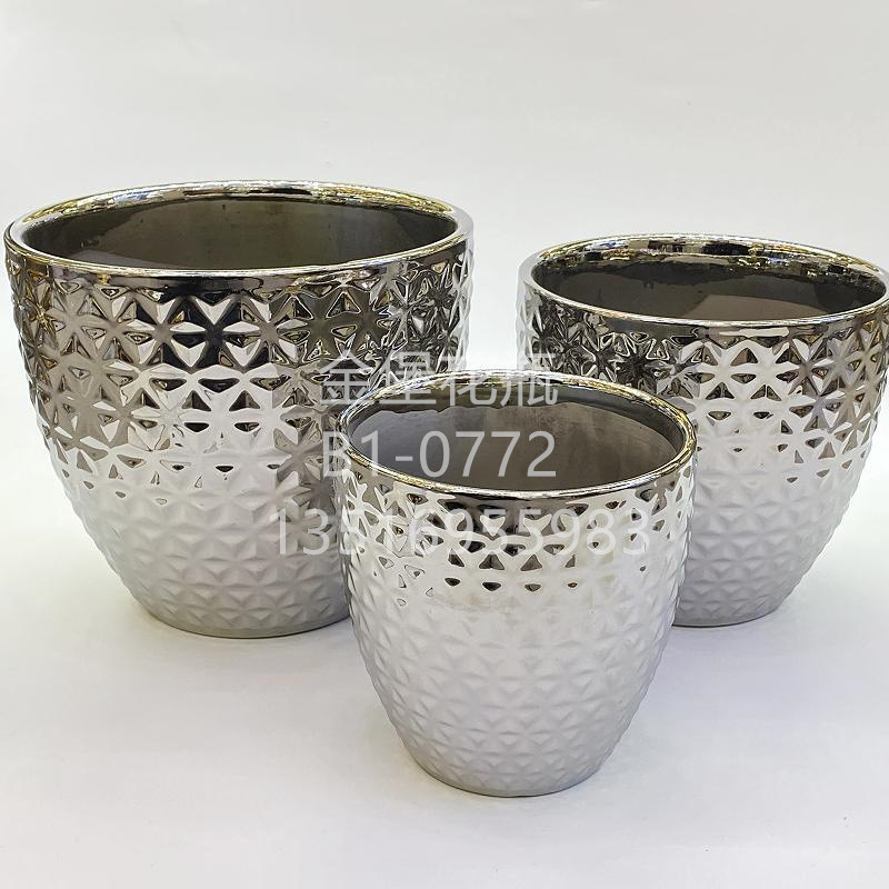 Large diameter Nordic electroplated brushed gold large flowerpot Round ceramic plant ware flowerpot outdoor household decoration Specification drawing