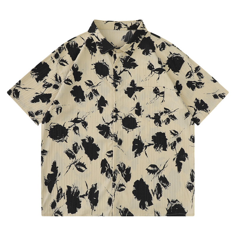 YPRS men's vintage vintage floral shirt, men's summer short-sleeved ins Hong Kong-style thin and loose cross-border shirt details Picture