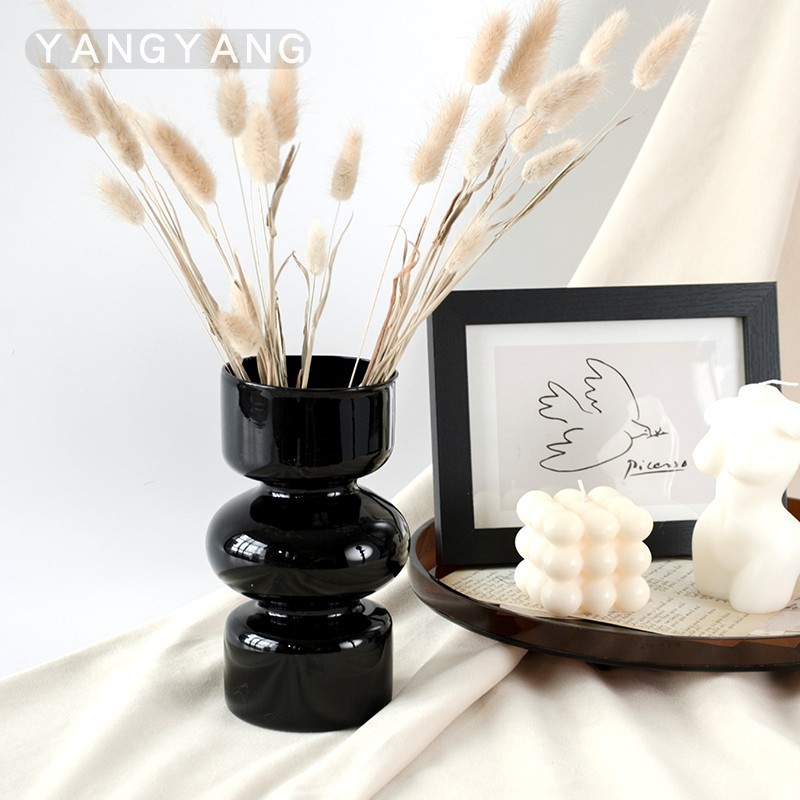 Simple black vase decoration, Jingdezhen table decoration, Zen-style dried flower bouquet, living room Chinese-style flower arrangement, retro Specification image