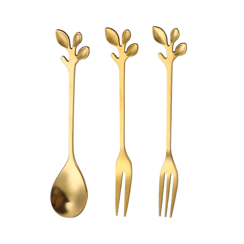 Creative stainless steel coffee whisker, European leaf spoon, fruit fork whisker, dessert fruit fork, golden coffee spoon Item Picture