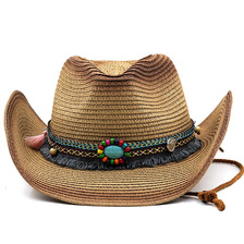 春夏波西米亚风西部牛仔草帽跨境外贸可折叠防风绳藏族藏式礼帽