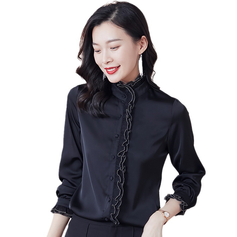 Satin chiffon stand-up collar, black ear-trimmed shirt for women, long-sleeved 2022 new Spring and autumn style, lace Item Picture