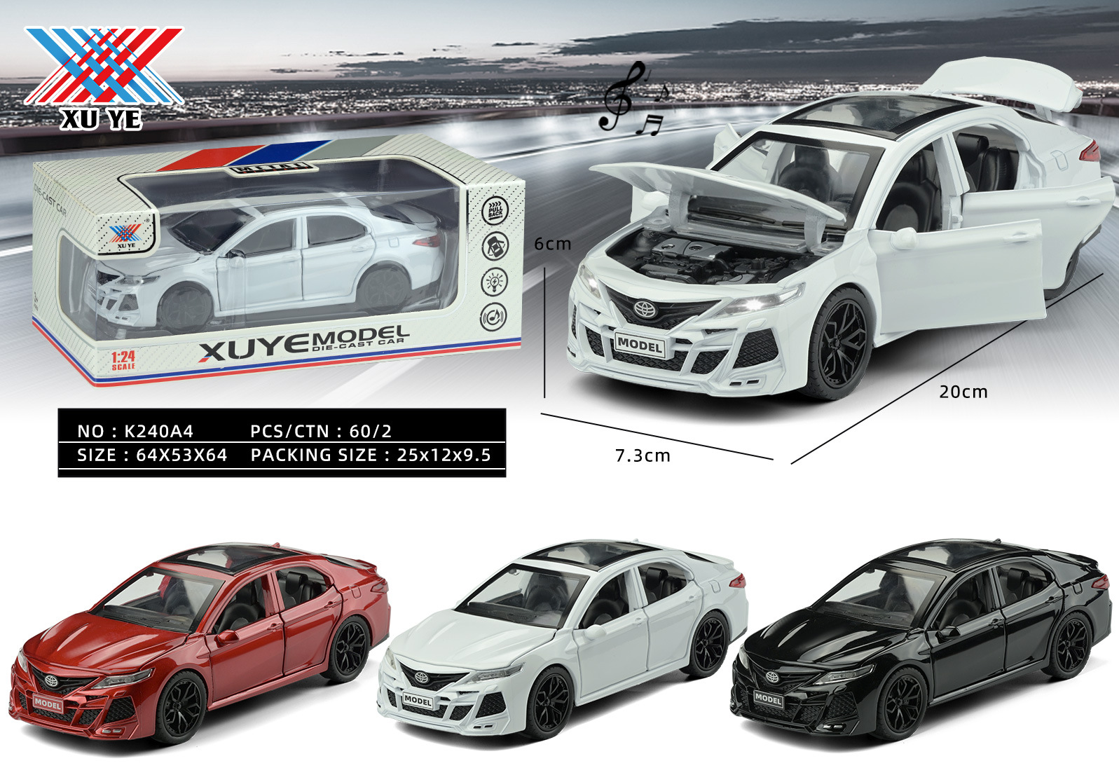 1:24 Alloy Model Camry Alloy Car Six-Door Pull-Back Light Music Boy Toy Car Collection Specification drawing