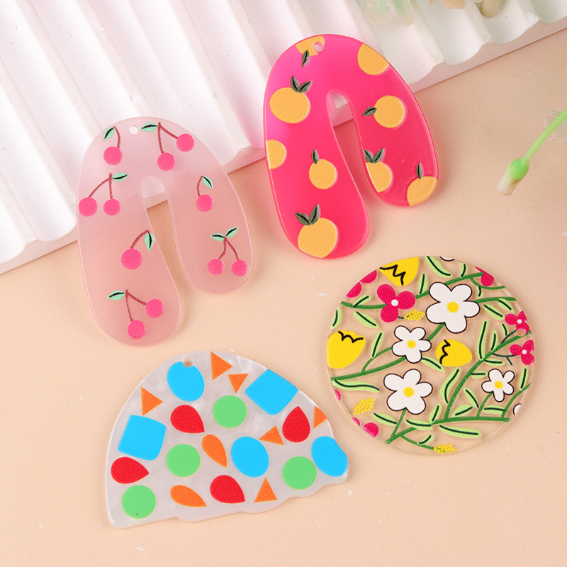 新款日韩风碎花几何U形圆形亚克力配件柠檬樱桃简约个性配件配饰