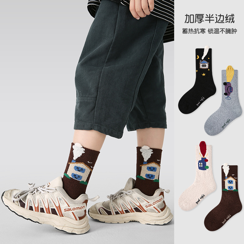 Wholesale of thickened children's socks for autumn and winter, new car and house half-fleece socks, cotton striped children's mid-calf socks for one-piece delivery from the sock stall