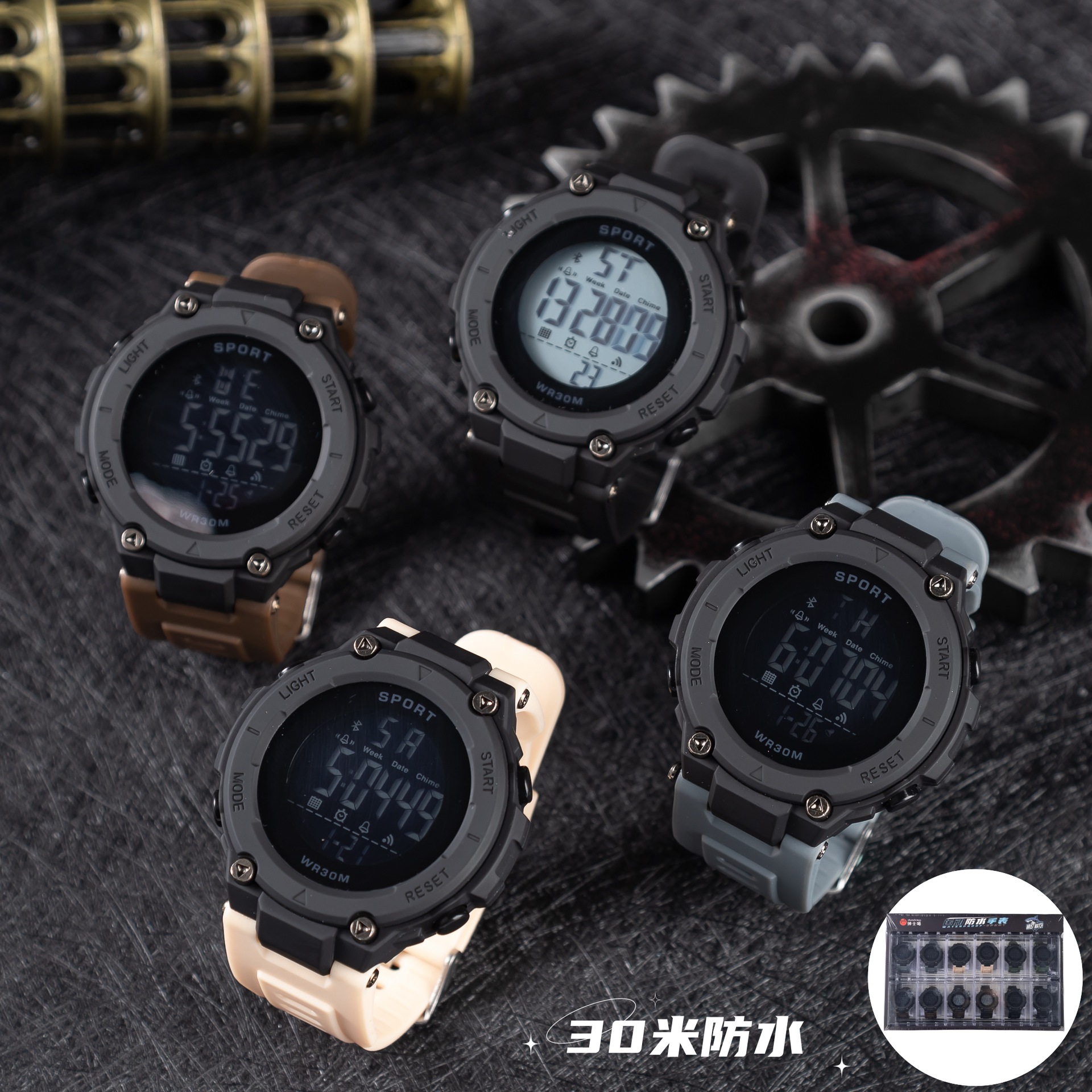 新款数显男士深度防水手表多功能夜光户外休闲学生圆形电子表