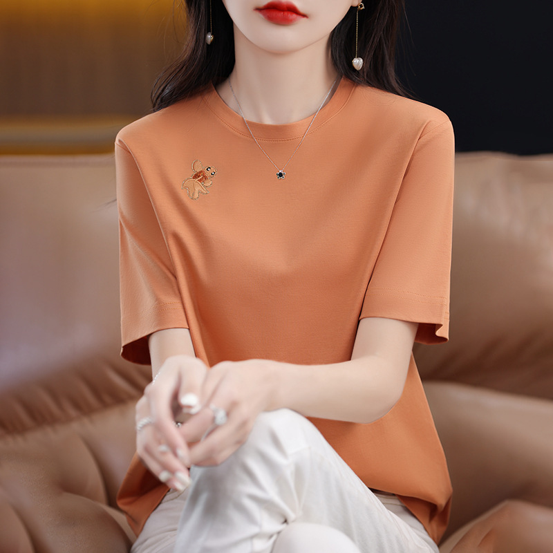 Summer women's mercerized cotton short-sleeved T-shirt, round-neck sequin embroidered vest, loose half-sleeved slimming base layer wholesale Specification image