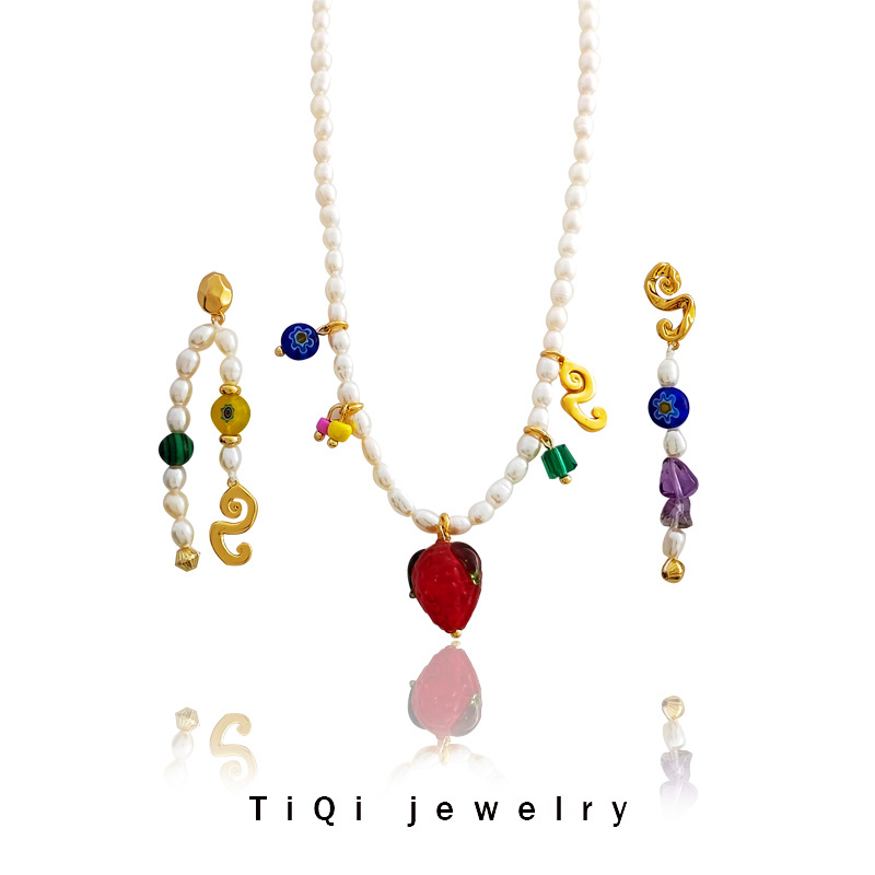 Vintage elegant cultured pearl necklace temperament coloured glaze earrings INS wind asymmetric earrings set T163 full figure