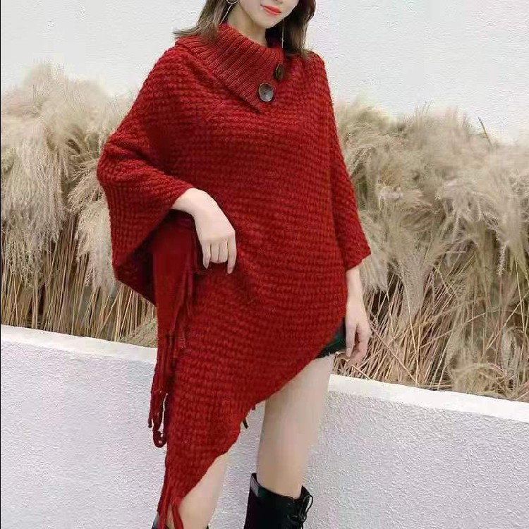 Winter new cape shawl women's Korean-style fashionable tassel warm thickened knitted woolen button pullover scarf Specification image