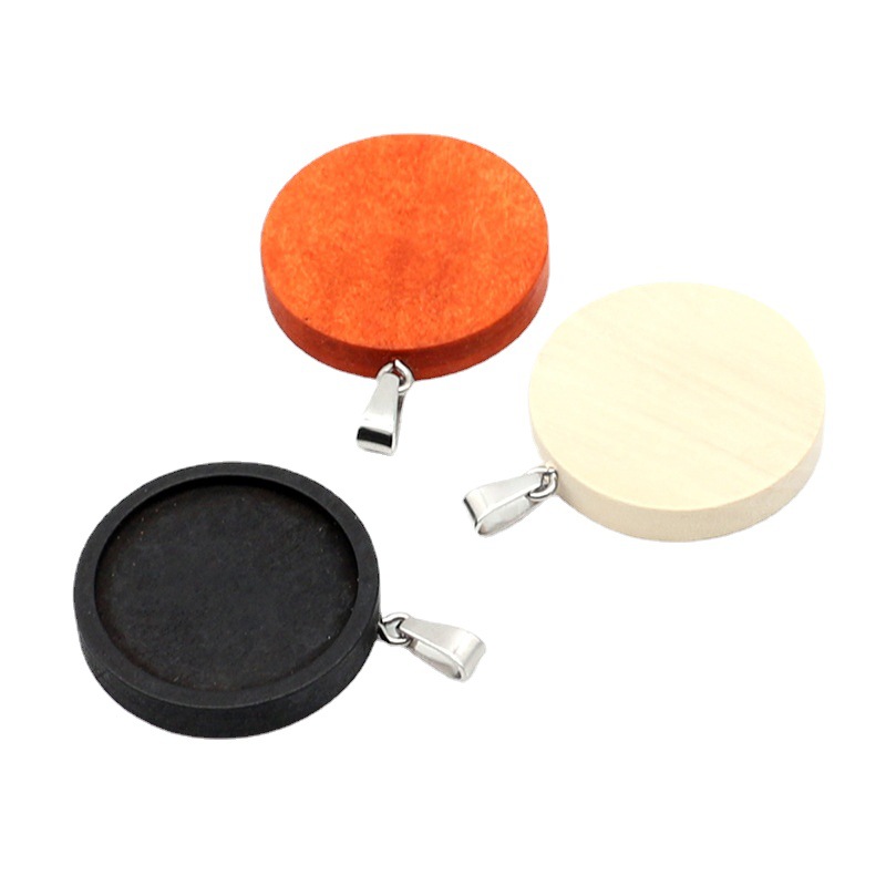 Round wooden base support with stainless steel time gem wood jewelry pendant, diy accessory blank tray Item Picture