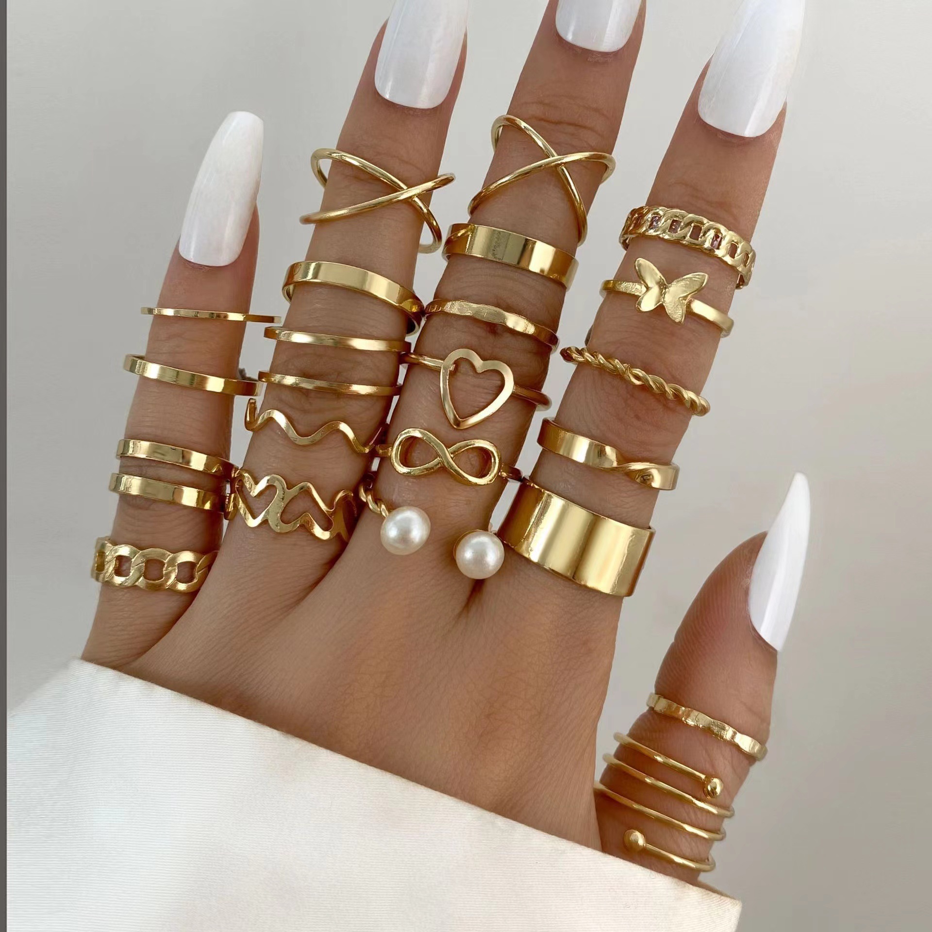 跨境新款开口多关节戒指套装22件套爱心戒指女设计感小众蝴蝶戒指图