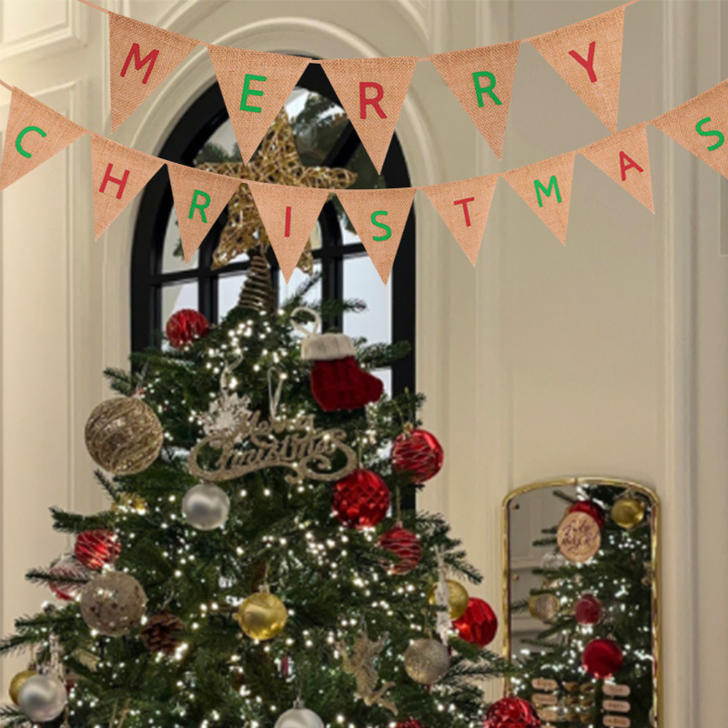 Factory direct supply of coarse linen, MERRY CHRISTMAS triangular flags, Christmas party decoration banners and banners