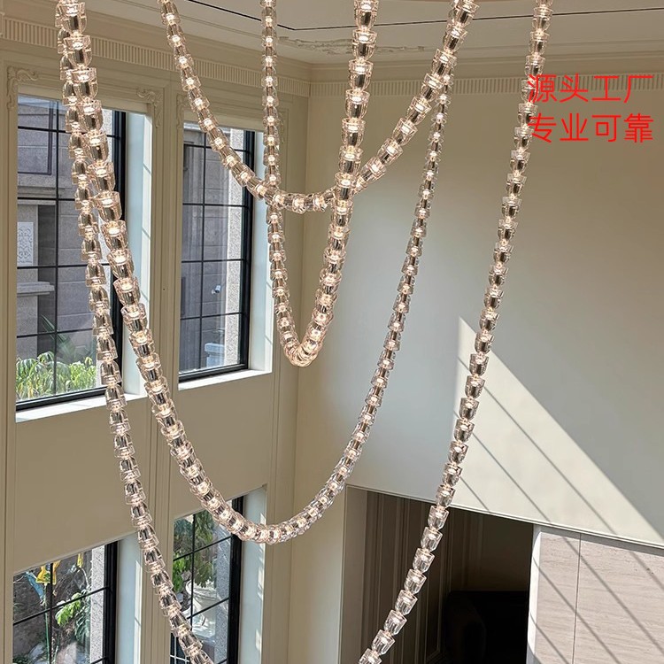 Light luxury villa duplex with a high ceiling living room chandelier, 2025 new designer loft apartment crystal necklace chandelier