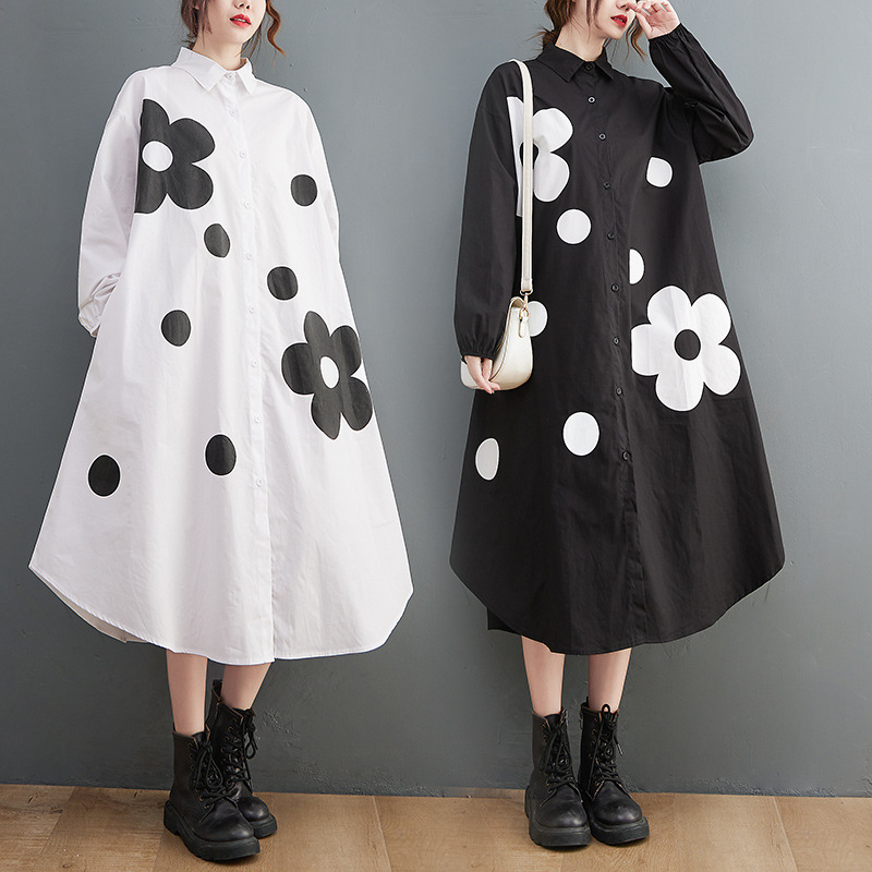 实拍2022春秋新款宽松大码印花拼接时尚中长款a型衬衣连衣裙