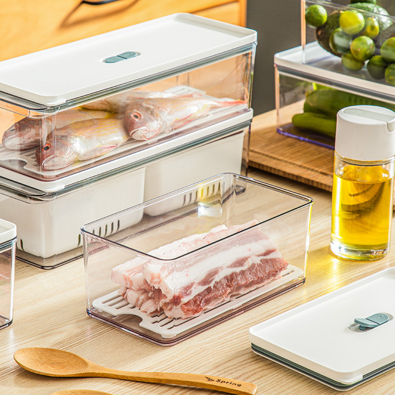 Kitchen refrigerator storage box, food-grade transparent plastic sealed storage box, stacked draining water, freezing and refrigeration preservation box