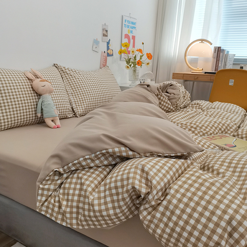 Simple Japanese-style checkered washed cotton four-piece set, solid color brushed cotton bed sheet, bed cover, quilt cover three-piece set, bedding