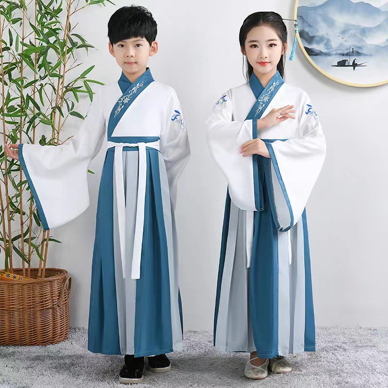 National trend children's ancient costumes and Hanfu, boys' traditional Chinese learning costumes, girls' Chinese-style primary school students' bookchildren's costumes, Three-character classic performance costumes for girls Specification image