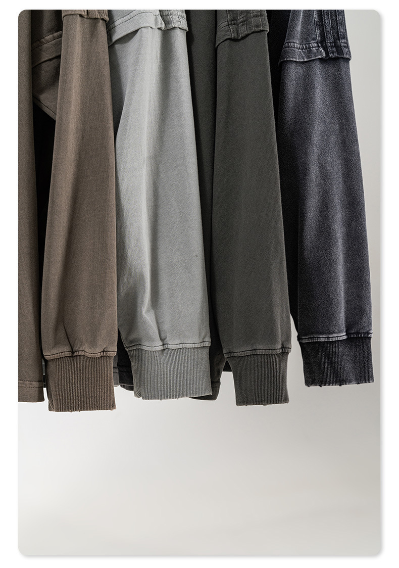 潮牌男装2025秋季复古假两件磨边圆领长袖套装休闲运动两件套定制详情17