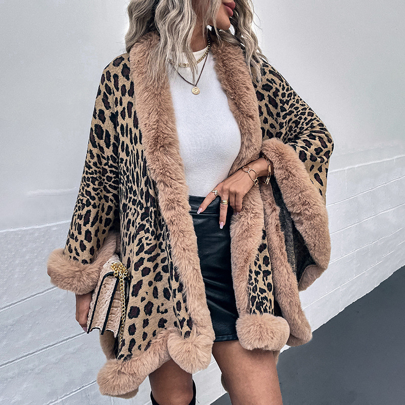 Aliexpress 2022 Autumn And Winter New Europe And The United States Cross-Border Fur Collar Cape Cardigan Amazon Leopard Cape Sweater Female Manufacturers Direct Sales Specification drawing