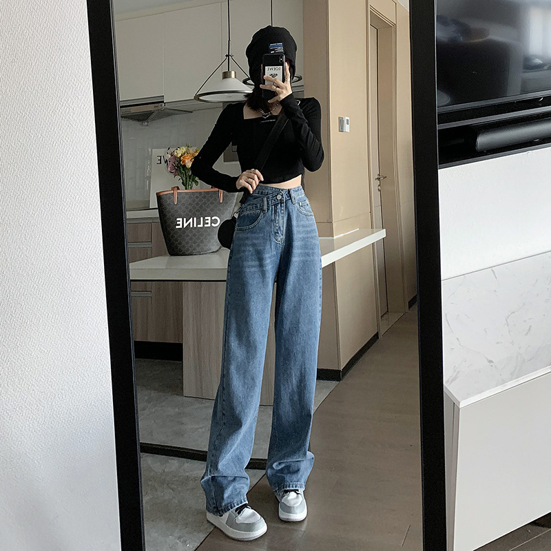 Blue wide-leg jeans for women in summer 2022, thin, cross-waist, loose, high-waisted, straight, floor-length design pants details Picture