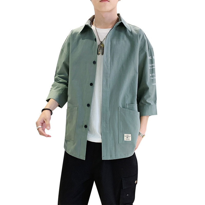 Men's casual short-sleeved Korean style trendy and cool one-inch shirt loose summer 7 three-quarter sleeve shirt work jacket F Item Picture