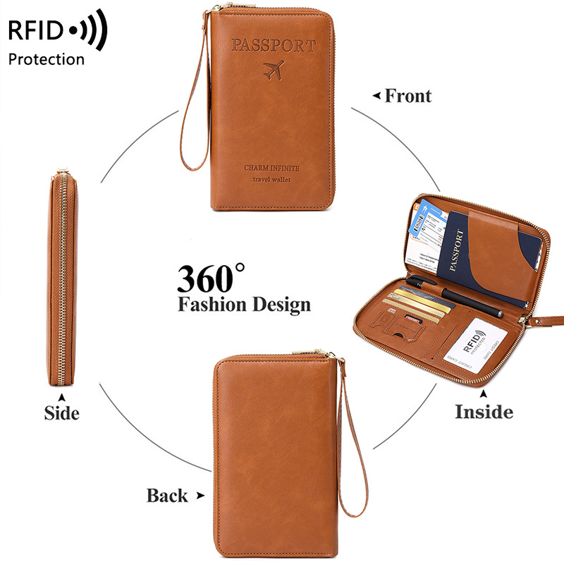 Cross-Border 2023 New Rfid Long Passport Holder Ticket Storage Document Bag Multi-Functional Travel Zipper Passport Bag Specification drawing