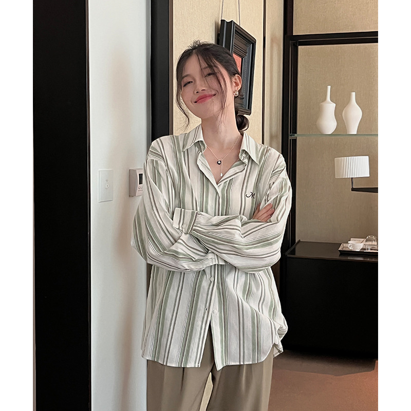 themind vertical striped long-sleeved shirt for Women 2022 Autumn New Collection Korean Style loose Casual cardigan 61020 Specification image
