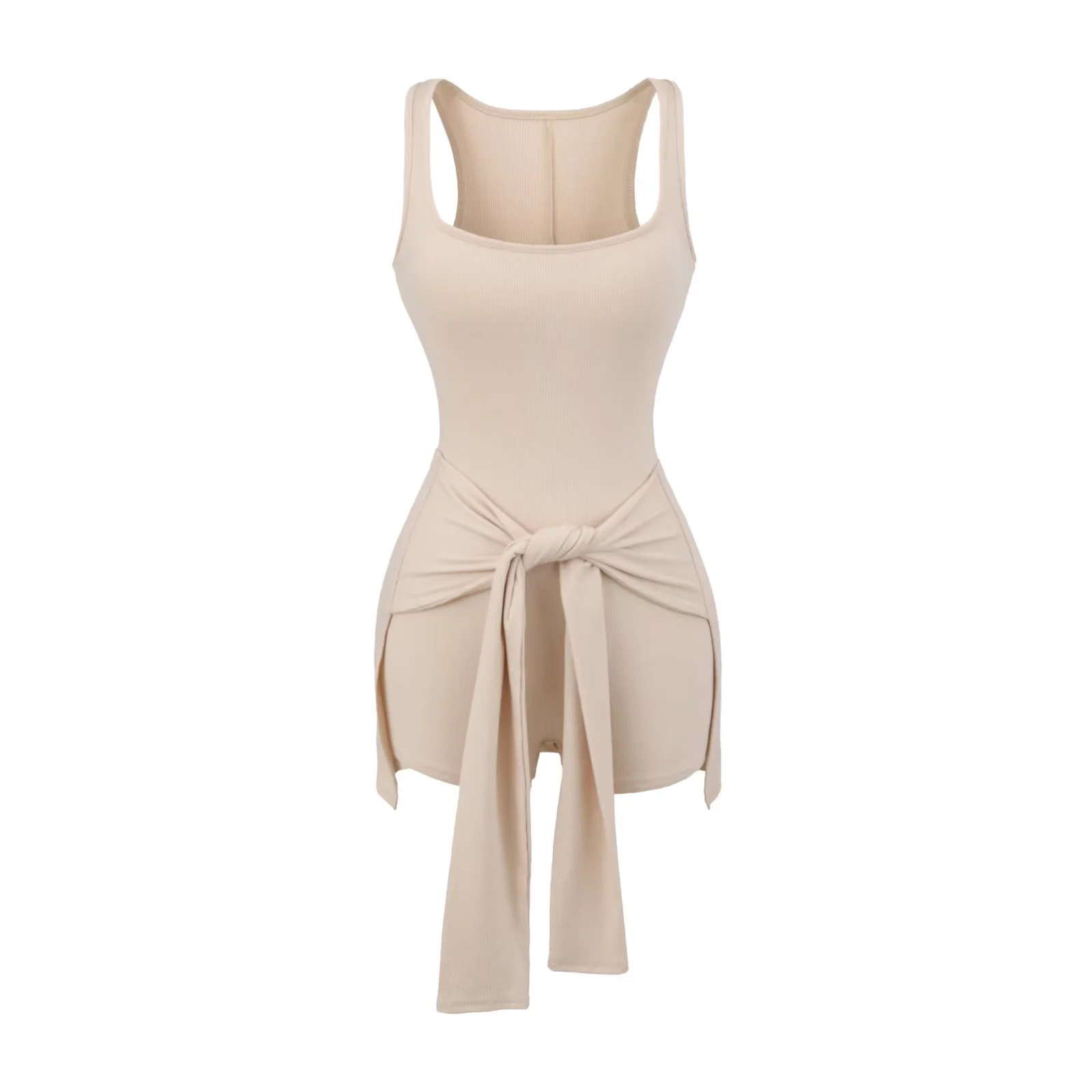 American hot girl square-neck waist-tied halter jumpsuit, women's summer waist-cinched I-shaped vest, one-piece short dress details Picture