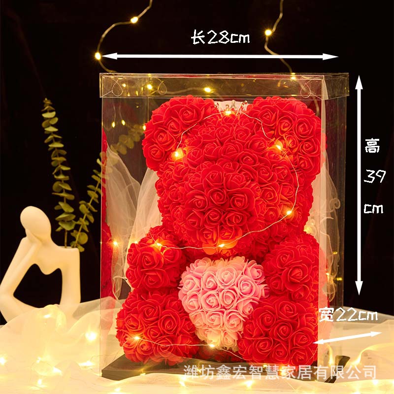永生花玫瑰熊 520情人节礼物PE泡沫包心玫瑰熊 仿真玫瑰花抱抱熊