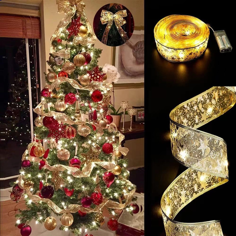 灯串圣诞树装饰灯丝带灯礼物盒装饰彩带闪灯串跨境圣诞绸缎LED灯详情图2
