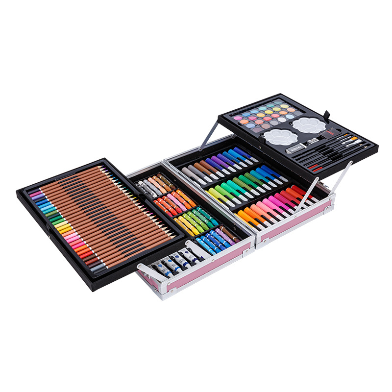 A complete set of painting tools for primary school students and children, including watercolor pens, crayons, and paints, in a gift box 145pc Item Picture