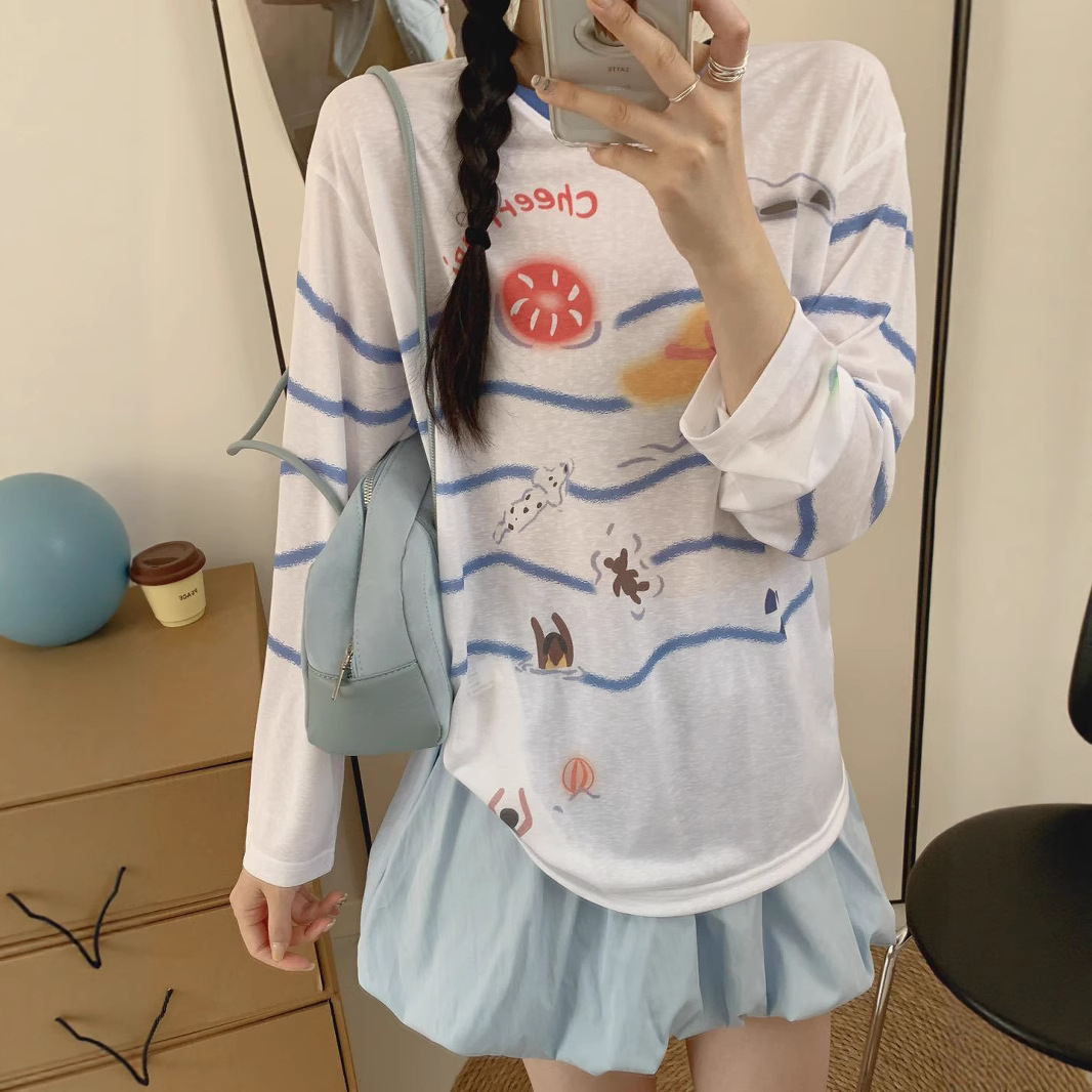 High-quality Korean-style contrasting color striped sun protection smock for women, thin, breathable, cool and loose long-sleeved T-shirt top for summer