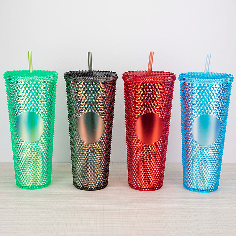 Cross-Border Diamond Durian Straw Cup Large Capacity Double Colored Plastic Cold Drink Cup Net Red Color Gradient Durian Cup Specification drawing