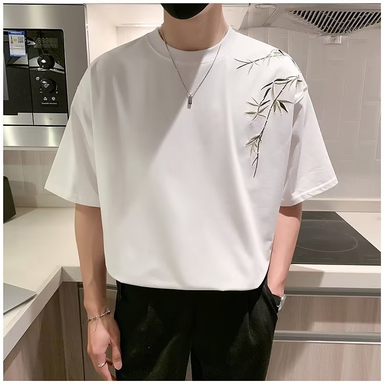 This short-sleeved T-shirt with a sense of artistic bamboo embroidery and a thin design for men, featuring a loose and casual Chinese style, is a versatile couple's T-shirt Specification image