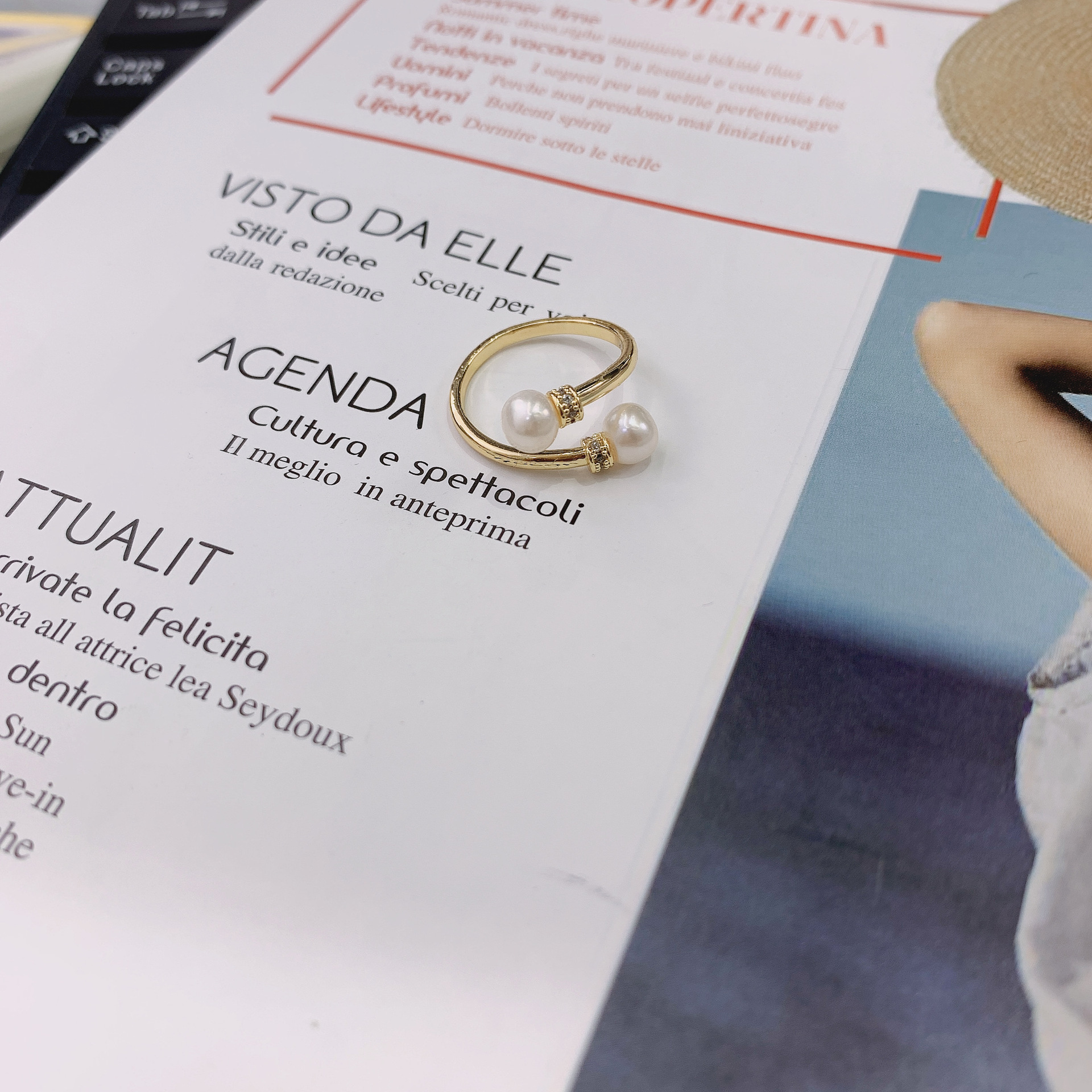 14k gold-plated copper with real gold freshwater pearl open ring diy accessory, amber open ring new style details Picture