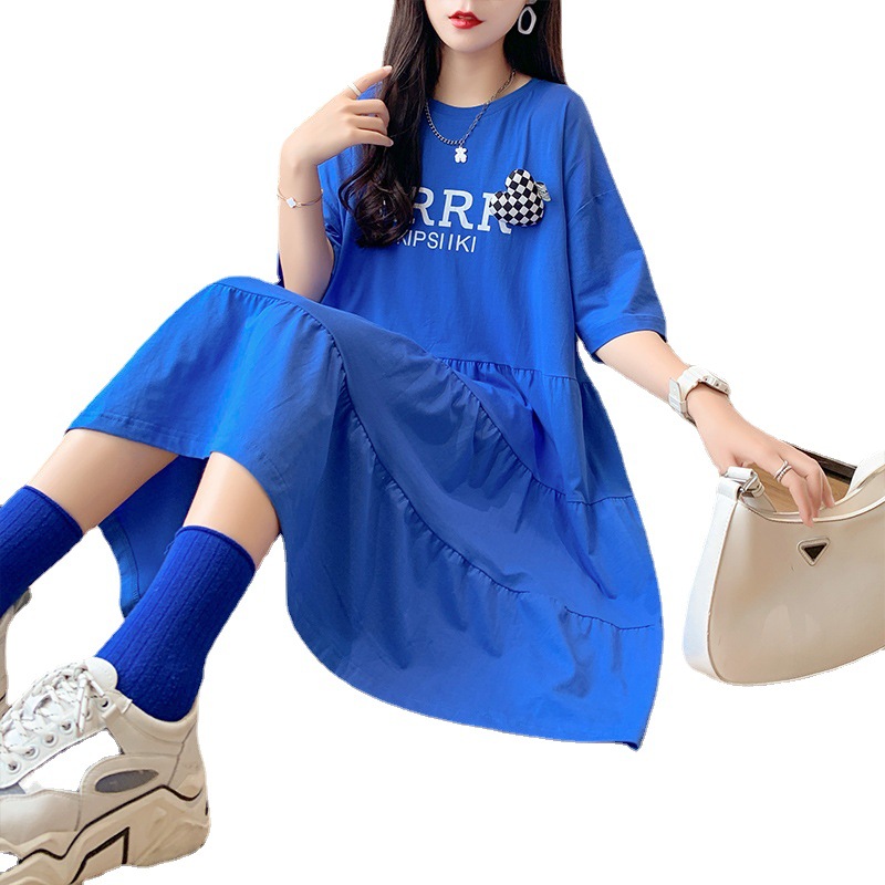 韩版潮流圆领短袖T恤女个性设计感字母宽松大码时髦中长款连衣裙详情图5