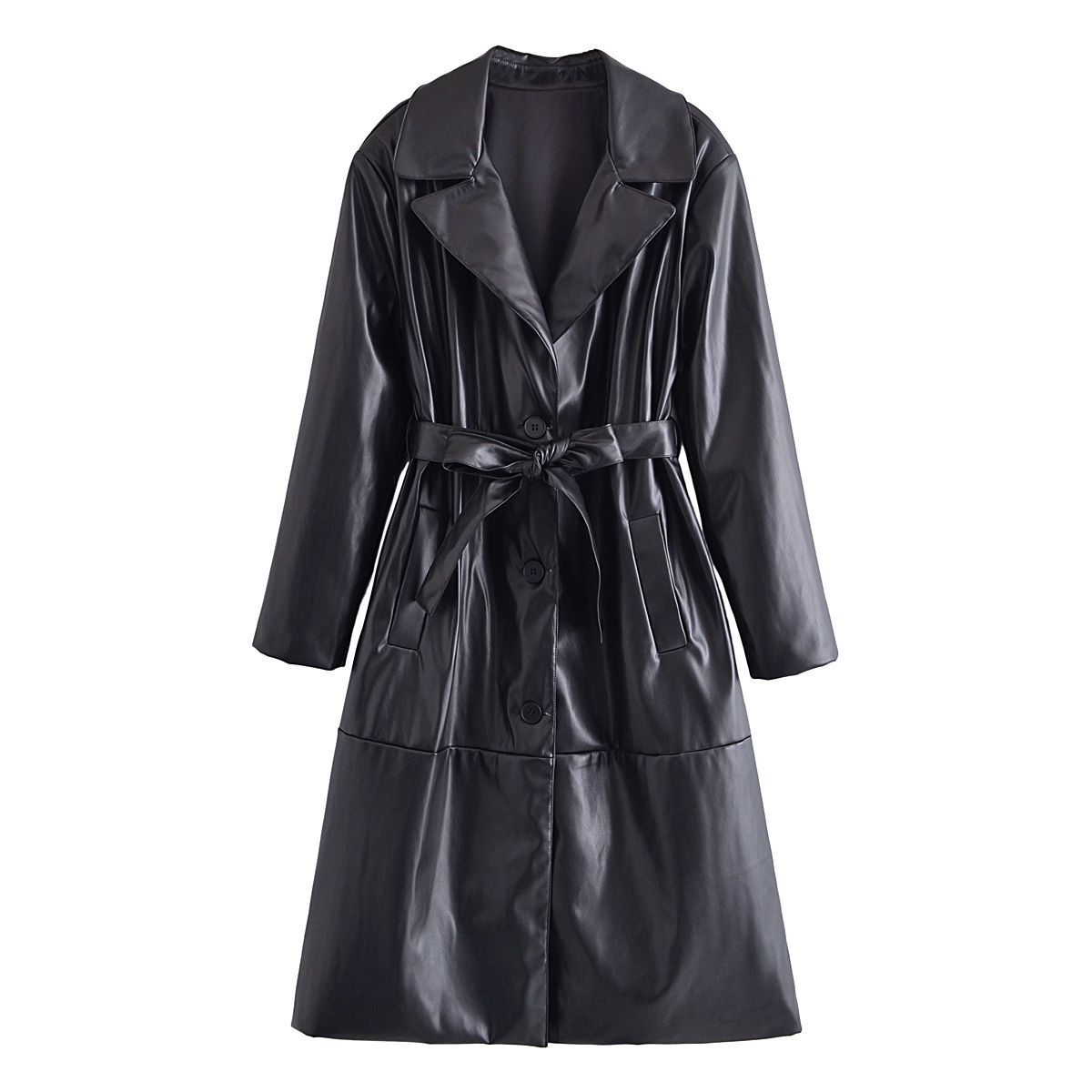 A new, stylish, single-breasted, thin-waisted, suit-collar, form-fitting women's leather trench coat from Europe and America Item Picture
