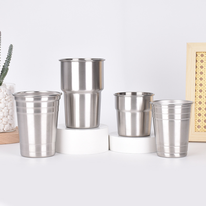 Wholesale of 304 stainless steel single-layer beer mugs, step water cups, portable rolled edge camping cold drink cups for foreign trade