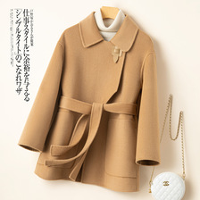 羊毛双面尼大衣女短款系带小个子秋冬毛呢外套高级感韩版时尚上衣