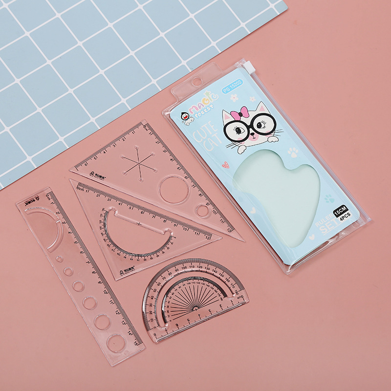 2021 new cartoon cat student ruler set 20 straight triangle protractor color printing factory direct sales details Picture