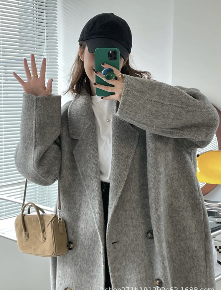 High-quality baby camel hair double-sided cashmere coat for women, mid-length Korean-style loose double-breasted suit collar woolen coat