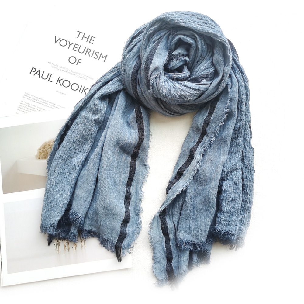 Solid Color Cotton And Hemp Scarf Autumn And Winter New Foreign Trade Men's Scarf Wholesale Natural Wrinkled Striped Scarf For Women Shawls Cross-Border details Picture