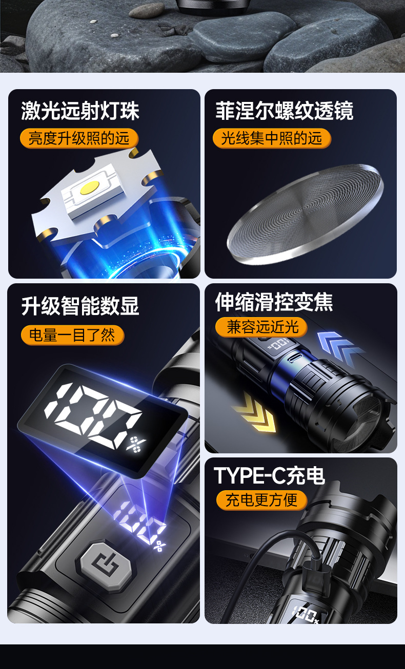 白激光强光充电长续航家用电灯户外耐摔变焦聚光便携超亮手电筒详情2