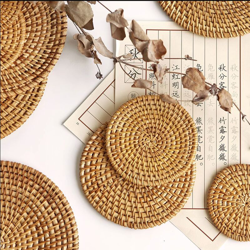 Autumn Rattan Woven Cup Mat Japanese Cup Mat Round Casserole Mat Pot Mat Woven Tea Set Cup Mat Manufacturers Direct Wholesale details Picture