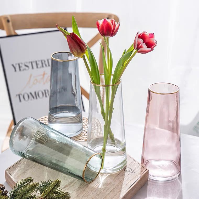 Nordic creative internet-famous light luxury gilded glass vase, transparent living room water-grown fresh flower arrangement, dried flower vase decoration