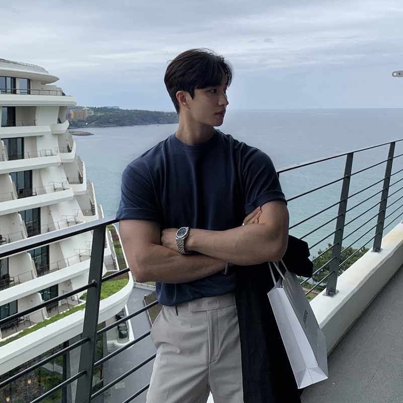 ASCLO夏季上衣ins简约百搭针织T恤透气圆领薄款时尚通勤针织短袖