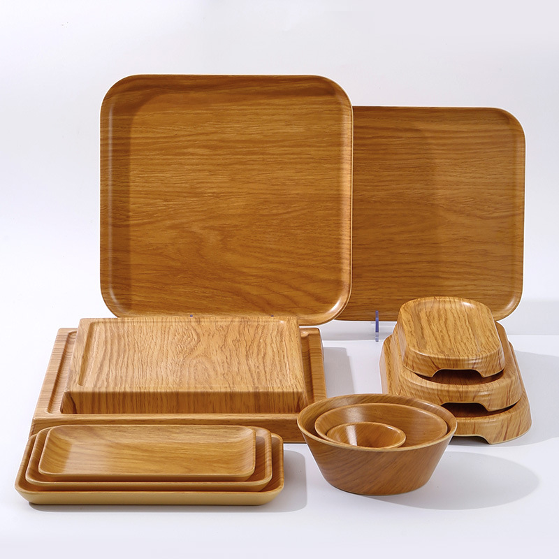 Commercial hot pot side dish plates, melamine tableware, wood-grain imitation trays, special plates for hot pot restaurants, sliced beef and mutton for plating