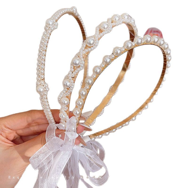 High-end pearl ribbon headband, girlish braided hair band system, lace tied headband, summer hair accessory Item Picture