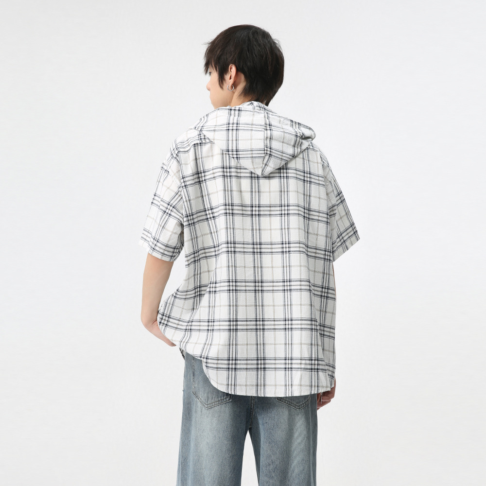 MTLCLOTHES men's Wear: The new 2024 summer collection features a trendy Japanese retro checkered double-pocket hooded work shirt details Picture