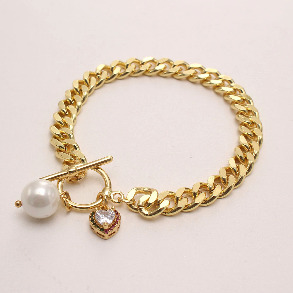 INS Cuban micro zircon Love shell Pearl pendant thick chain copper plated real gold necklace bracelet set details Picture